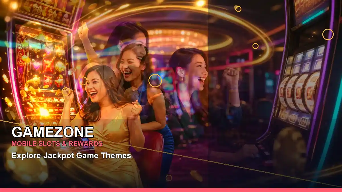 GAMEZONE gold jackpot slot games featuring an adult Filipina casino host with a right-diagonal composition