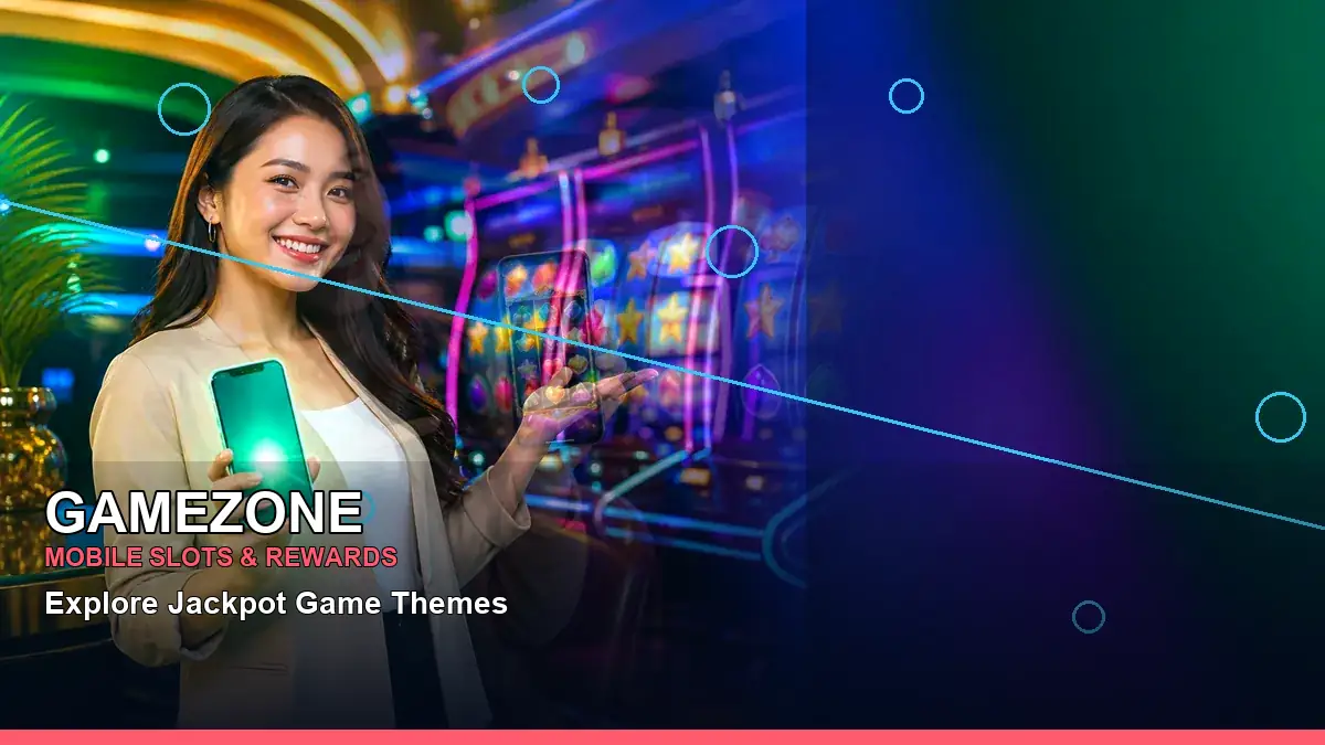 GAMEZONE duo online slot games featuring an adult Filipina casino host with a left close-up composition